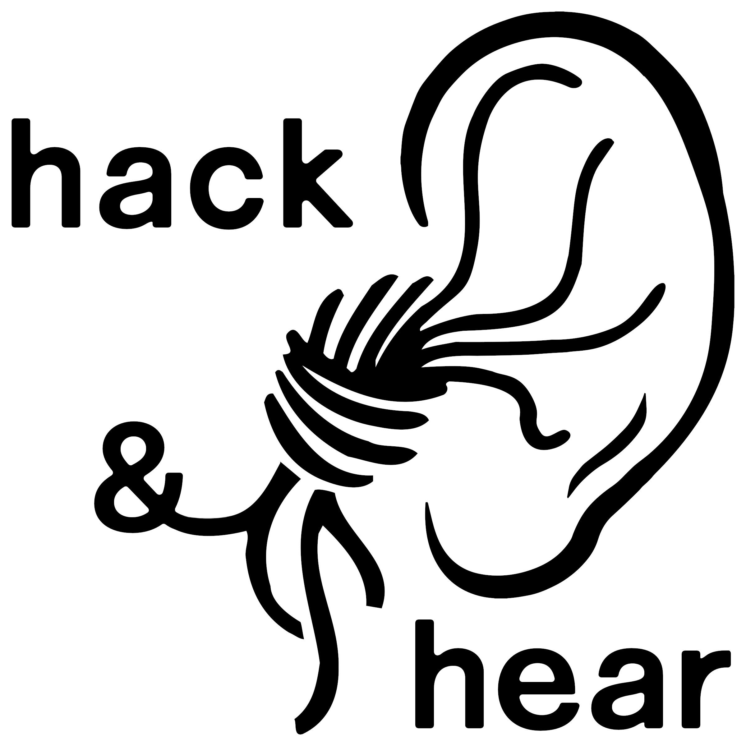 A sketch of an ear. Cables are coming out of the ear. Surrounded by the text "hack & hear"